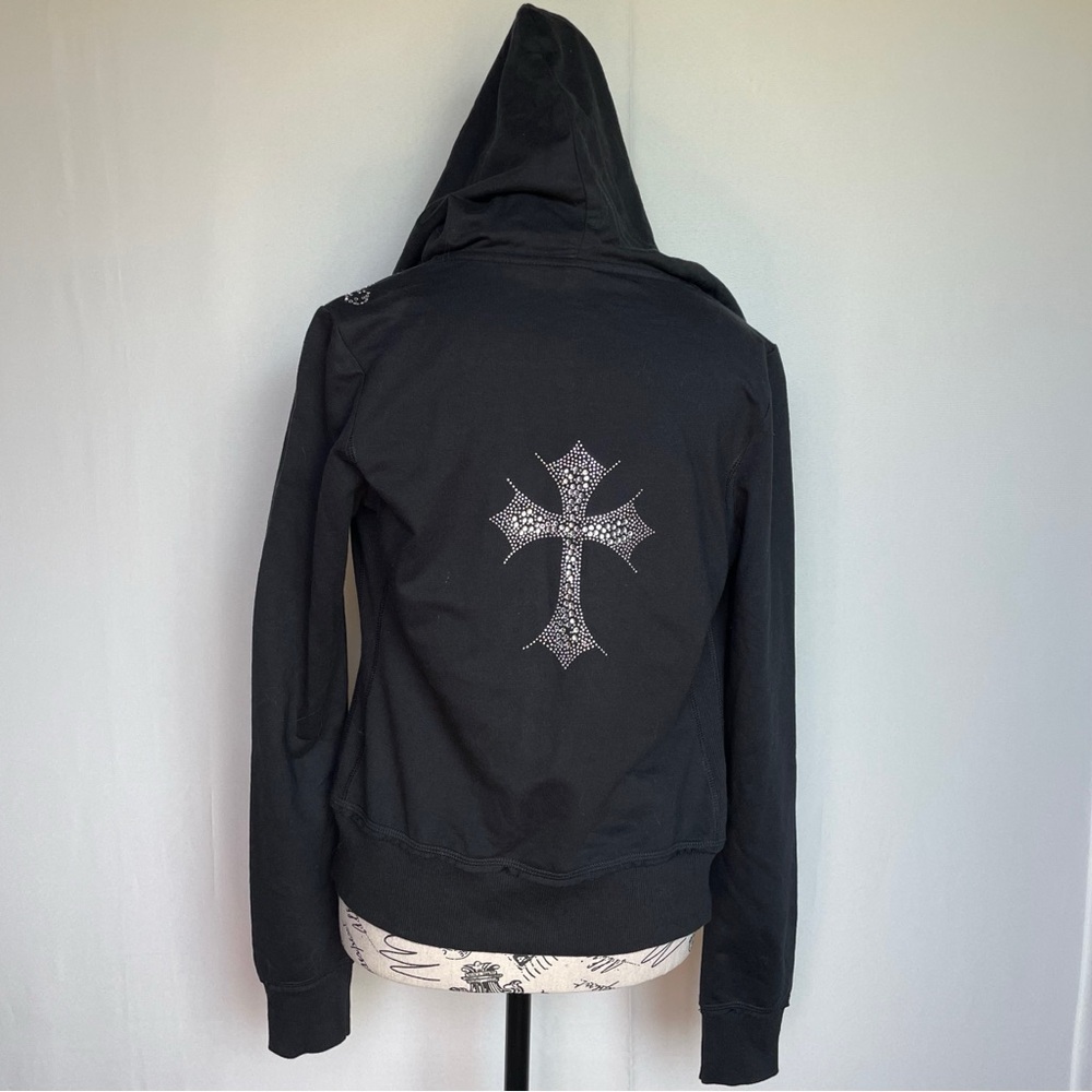 Kavio black cross embellished zip-front hooded cotton sweater size M medium NEW